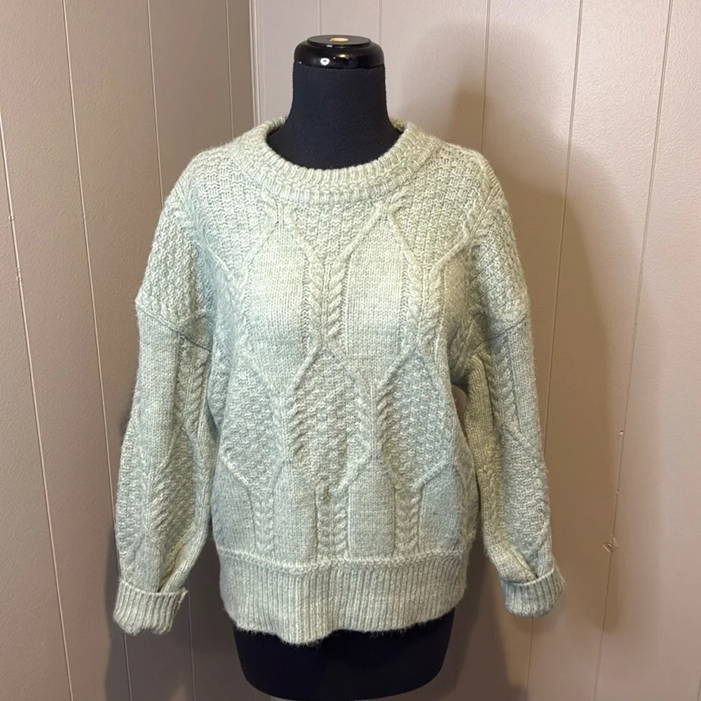 FRNCH Women’s Large Cable Knit Sweater Open Back Crewneck Mint